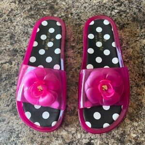 Kate Spade Size 7 Pink Jelly Slide Slip On Sandals Flower Logo Polka Dot Pool